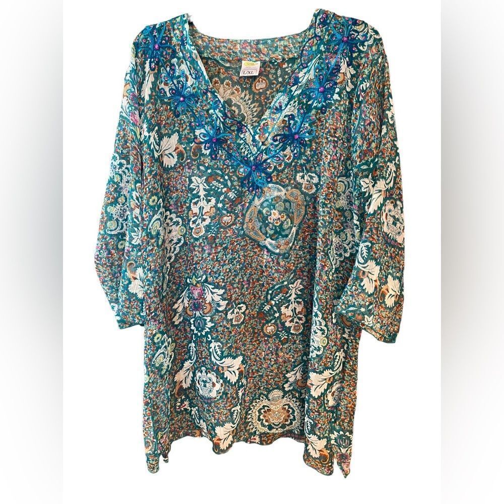 Rima Sz L/XL Teal Green Paisley Floral Sheer Embroidered Collar Beach Swim Cover